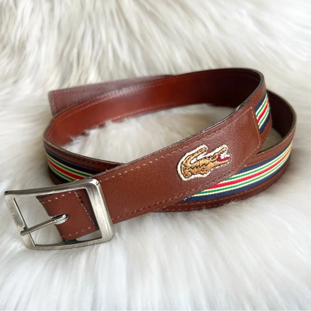 Lacoste Vintage Brown Leather Striped Belt Silver Buckle 1980s 37-38.5 Unisex